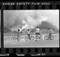 Children on bicycles watching wildfire burn in La Tuna Canyon, Calif., 1977