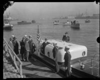 Herbert Hoover on a boat at a Navel yard in San Pedro (probably), Los Angeles, circa 1929-1934