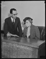 Vilma Aknay and attorney Harry F. Sewell in court, Los Angeles, between 1934-1935