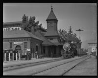 Santa Fe railroad station and train, Pasadena, 1935