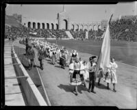 Greek delegation in parade at President's Day Ceremony, Los Angeles Memorial Coliseum, Los Angeles, 1933