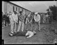 Film magnates Leo F. Forbstein, Hal Wallis, W. M. Koenig, Sam Bischoff, and Herman Politz engage in some reckless golfing, Los Angeles, 1934