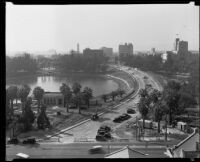 Wilshire Boulevard construction nearly complete at Westlake Park, Los Angeles, ca. 1934