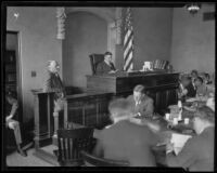 Witness testifies at Aimee Semple McPherson's preliminary hearing, Los Angeles, circa 1926