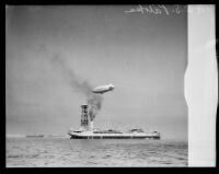 Goodyear-Zeppelin airship attempts to moor to the USS Patoka at the Port of Los Angeles, San Pedro, 1932