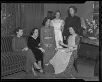 Junior Auxiliary of the Hebrew Sheltering Home for the Aged members Barbara Blumenthal, Barbara Levy, Ilene Freiberg, Shirley Rosenthal, Emmy Anne Joseph, and Mrs. Sol Lesser, Los Angeles, 1936