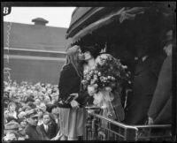 Aimee Semple McPherson on the platform of a train car before leaving for Boston, Los Angeles, 1930s