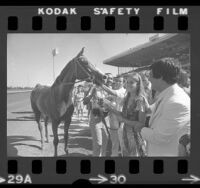 Tennis player Chris Evert meeting her namesake race horse at Hollywood Park, Calif., 1975