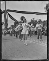 Juanita Brest leading the Pomona Junior College Band at the Tournament of Roses, Pasadena, 1939