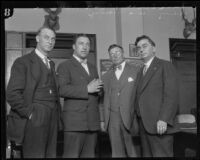 Frank Dewar, Buck Lieuallen, and Eugene Biscailuz during the Hickman kidnapping and murder trial, Los Angeles, 1927-1928