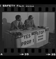 State Senator Alan Robbins with Howard Jarvis during a news conference to promote Robbins' antibusing measure Prop. 1, 1979