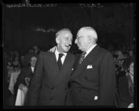 Actor Jimmy Durante and Louis B. Mayer during award dinner at Mt. Sinai Men's Club in Los Angeles, Calif., 1948