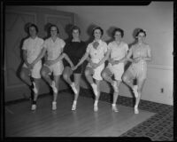 Junior League members Gabrielle Wright, Peggy Morris, Elizabeth Anne Fullerton, Hortense Cunningham, Helen Sterling, and Gwenllian Hamblin rehearse their dance moves, Pasadena, 1936