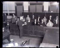 District attorney Buron Fitts addresses the jury during the Asa Keyes bribery trial, Los Angeles, 1929