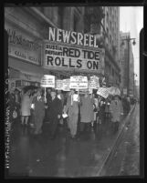 Pickets outside a Newsreel theatre protesting communist involvement in Costa Rica, Los Angeles, 1948