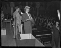 Adrienne Ames and Harold B. Jette on stage at L. A. Times Cooking Show, Los Angeles, 1936