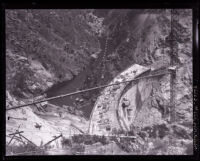 Looking down upon the half-finished Santa Anita Dam and tower, Los Angeles County, 1926