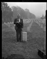 John Eaton, 92-year-old veteran, stands amongst the tombstones of Civil War soldiers, Los Angeles, 1938