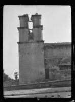 Santa Barbara Mission, exterior view of the bell tower following the earthquake, 1925