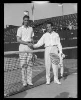 Henri Cochet, French tennis champion (R), shaking hands with a competitor at the Pacific Southwest Tennis Championships, Los Angeles, 1928