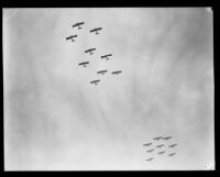 U.S. Army biplanes fly in formation during United Airport air show, Burbank, 1930