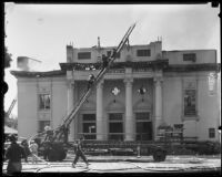 Firefighters attend the fire destroying the First Baptist Church of Hollywood, Hollywood, 1935