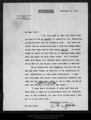 Letter from R[obert] U[nderwood] Johnson to John Muir, 1911 Feb 21