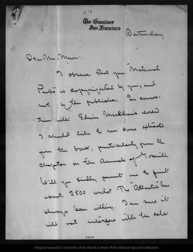 Letter from [Bailey] Millard to John Muir, [ca. 1902 ?]