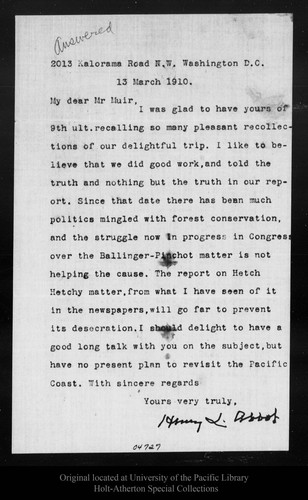 Letter from Henry L. Abbot to John Muir, 1910 Mar 13
