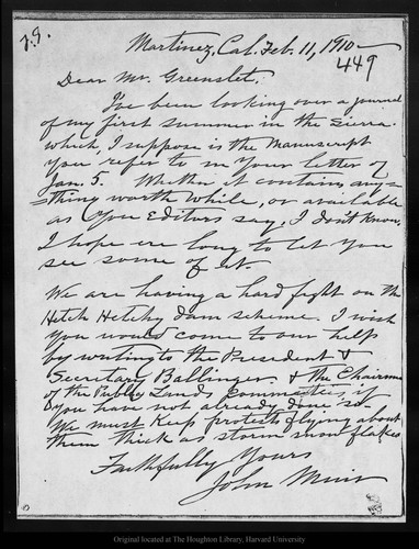 Letter from John Muir to [Ferris] Greenslet, 1910 Feb 11