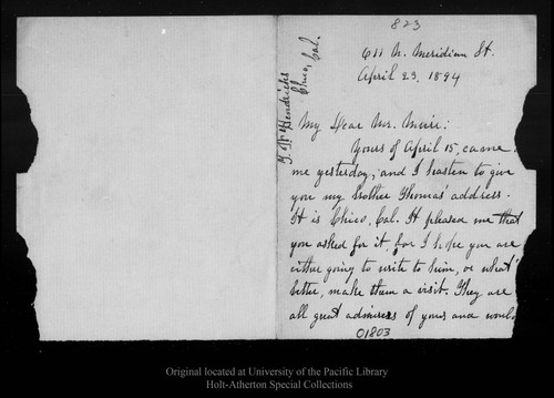 Letter from Eliza S. Hendricks to John Muir, 1894 Apr 23