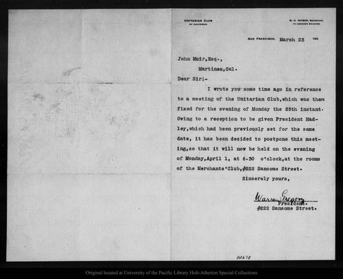 Letter from Warren Gregory to John Muir, 1900 Mar 23