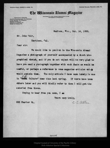Letter from C[harles] E. Allen to John Muir, 1899 Oct 14