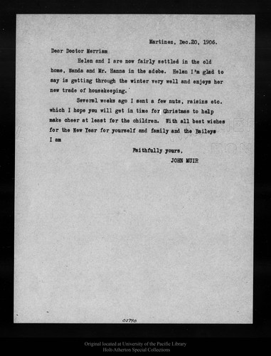 Letter from John Muir to [C. Hart] Merriam, 1906 Dec 20