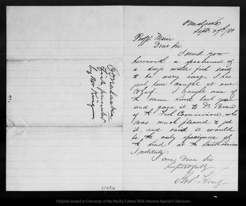 Letter from Robt. King to John Muir, 1881 Sep 27