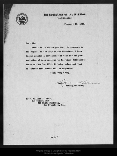 Letter from Samuel Adams to William F. Bade, 1912 Feb 20