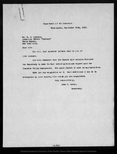 Letter from John W. Noble to R[obert] U[nderwood] Johnson, 1891 Sep 26