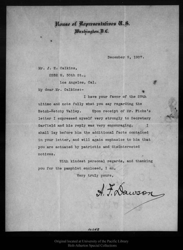 Letter from A[lbert] F. Dawson to J. E. Calkins, 1907 Dec 9