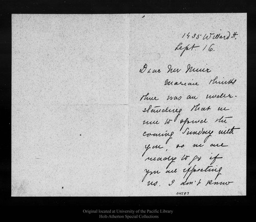 Letter from Katharine Hooker to John Muir, [1909 ?] Sep 16