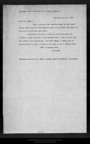 Letter from John Muir to [Anna R.] Dickey, 1913 Nov 26