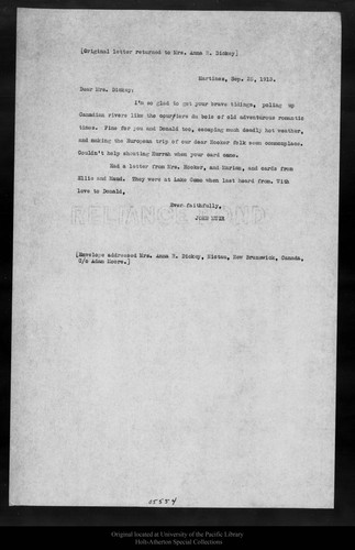 Letter from John Muir to [Anna R.] Dickey, 1913 Sep 25