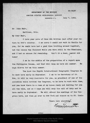 Letter from Henry Gannett to John Muir, 1904 Jul 7