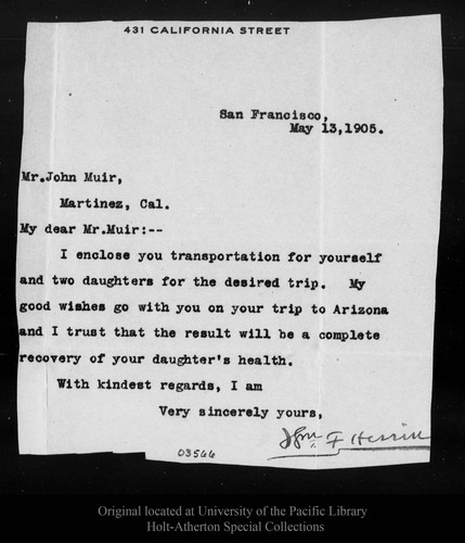 Letter from W[illia]m F. Herrin to John Muir, 1905 May 13