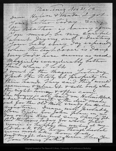 Letter from [John Muir] to Helen & Wanda [Muir], 1905 Nov 21