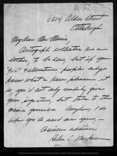 Letter from Helen S. Kaufman [?] to [John Muir], [ca. 1900]
