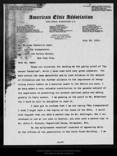 Letter from Richard B. Watrous to William F. Bade, 1910 Jul 25