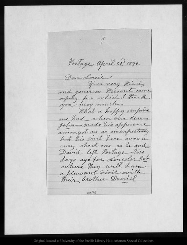 Letter from [Ann Gilrye] Muir to Louie [Muir], 1892 Apr 22