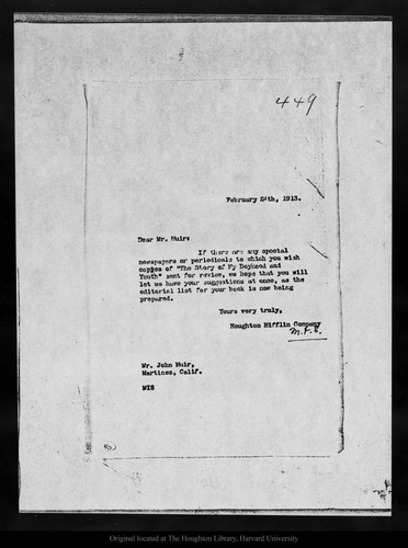 Letter from Houghton Mifflin Co. to John Muir, 1913 Feb 24