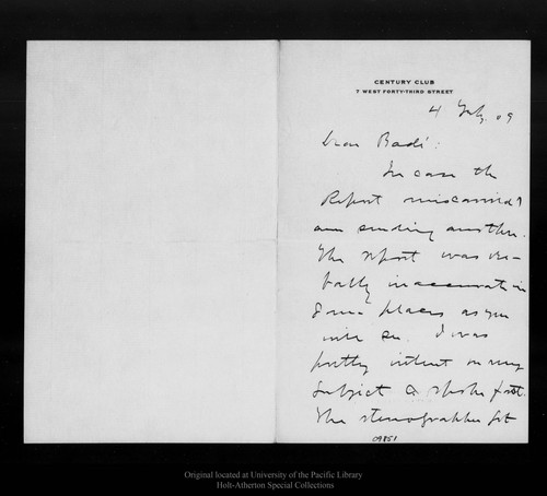Letter from Alden Sampson to [William F.] Bade, [19]09 Jul 4