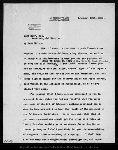 Letter from R[obert] U[nderwood] Johnson to John Muir, 1893 Feb 10